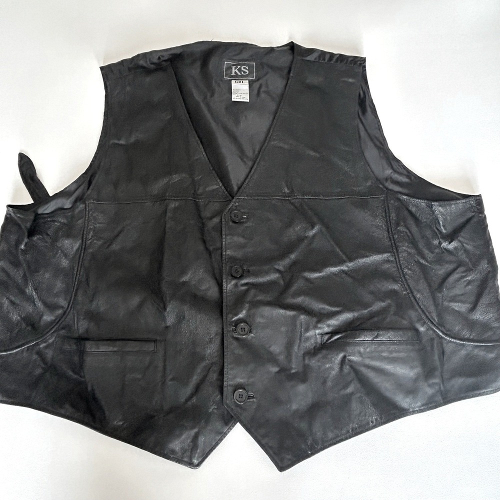 KS Mens Leather Vest 6XL Black Button Front Adjustable Cinch Biker Western